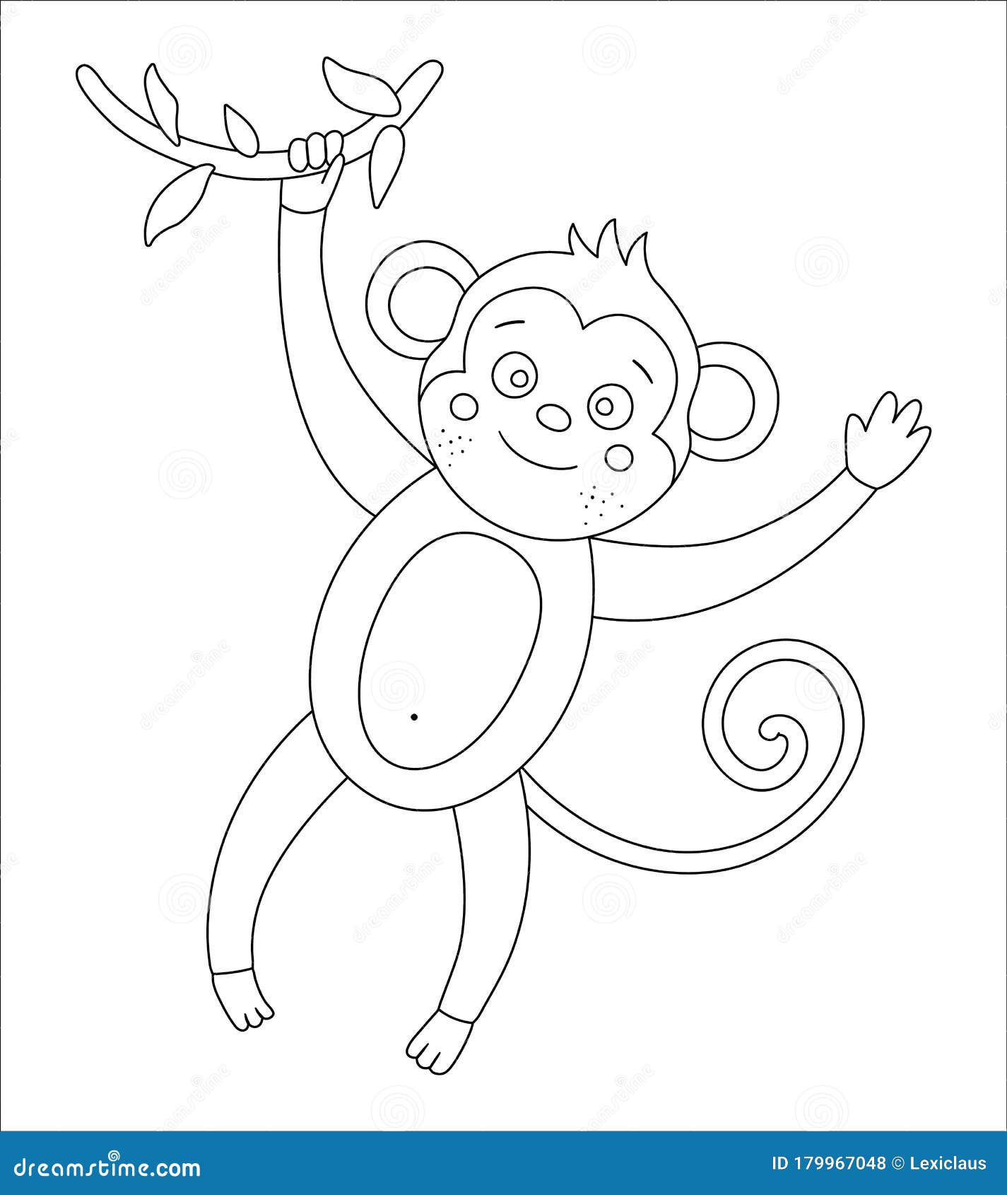 Vector cute monkey hanging on a tree brunch outline funny tropical exotic animal black and white illustration stock vector