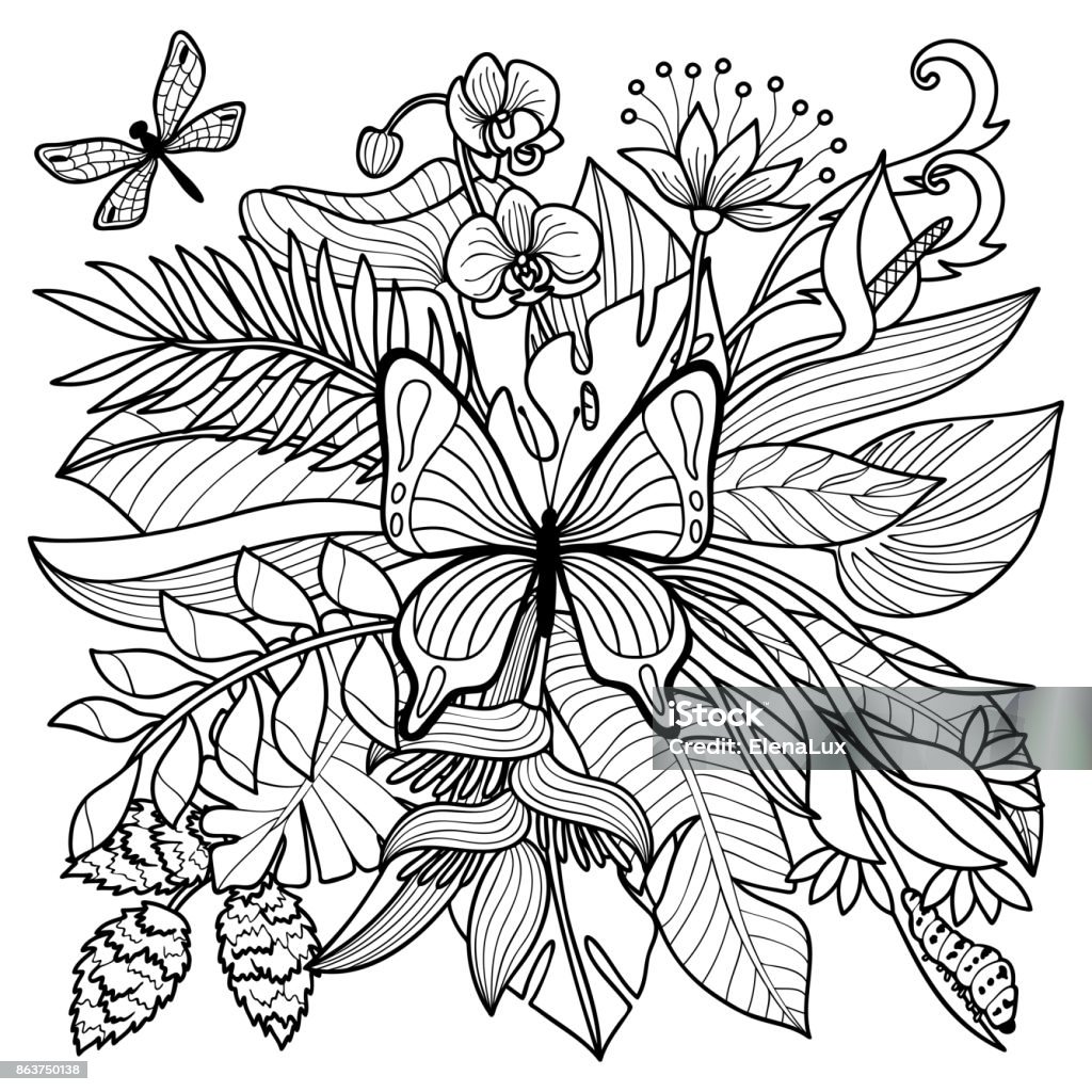 Tropical coloring page stock illustration