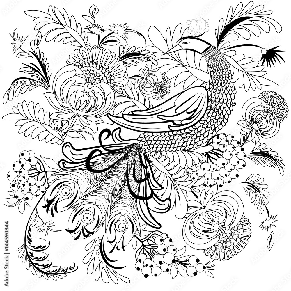 Tropical wild bird and flowers coloring book for adult and older children coloring page outline vector illustration vector