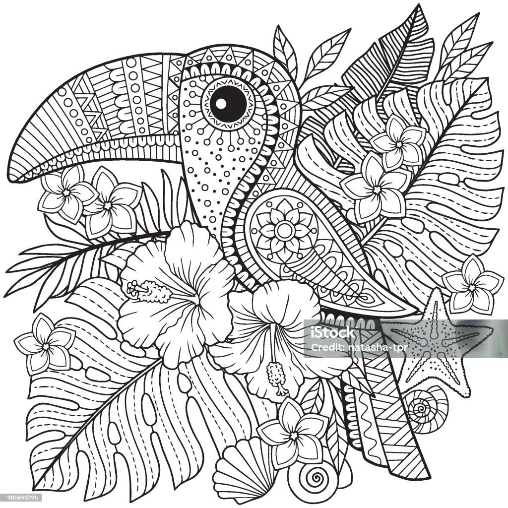 Coloring book for adults toucan among tropical leaves and flowers stock illustration