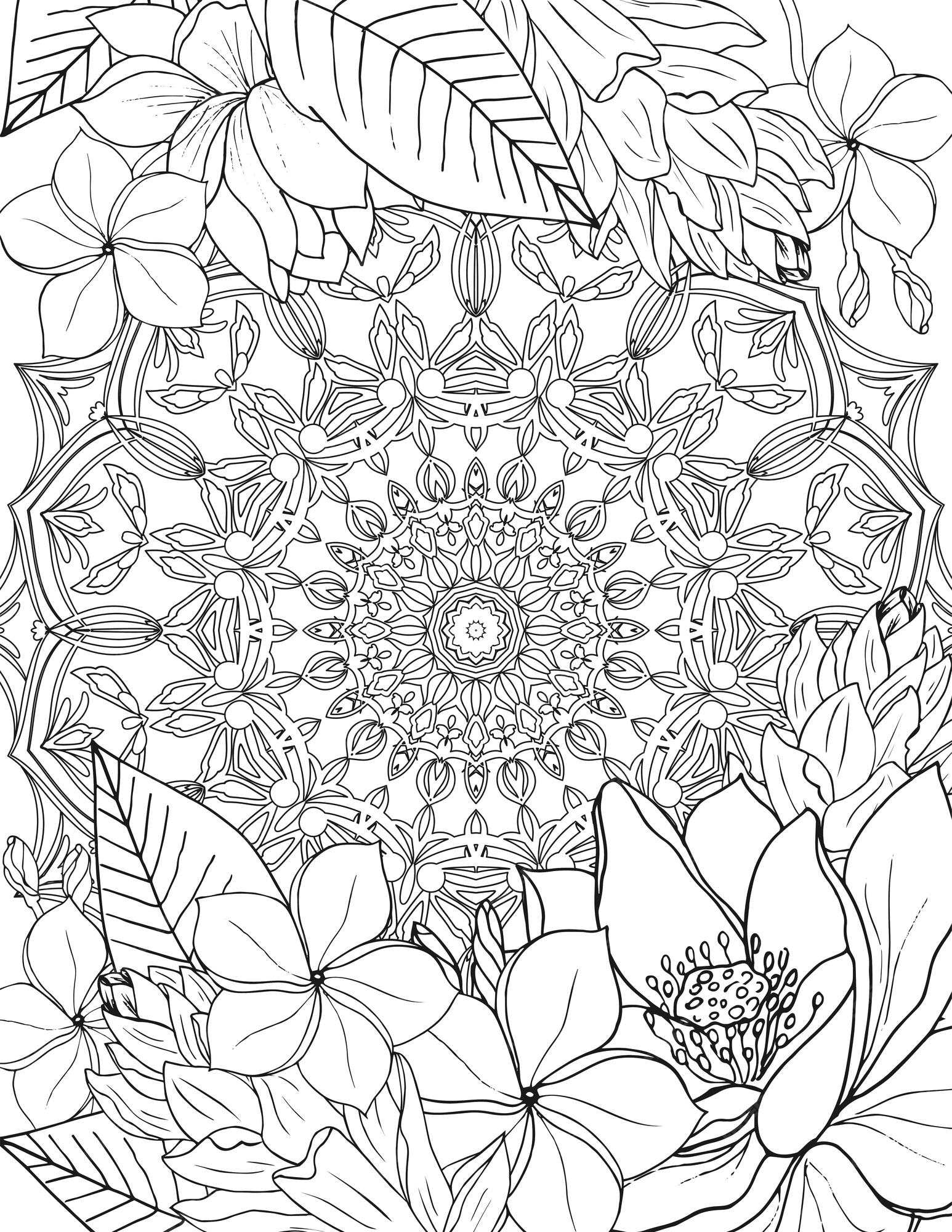 Premium vector adult coloring page mandala in the center and beautiful tropical flowers and lotus