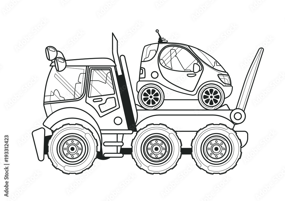 Towing truck with a tiny car side view coloring book line art vector