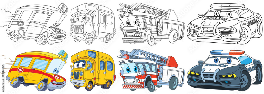 Cartoon transport set collection of vehicles ambulance school bus fire truck police car coloring book pages for kids vector