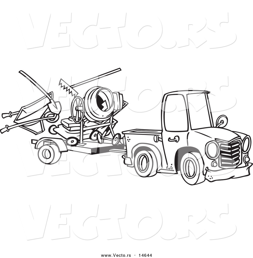 R of a cartoon truck pulling a trailer with landscape and concrete equipment