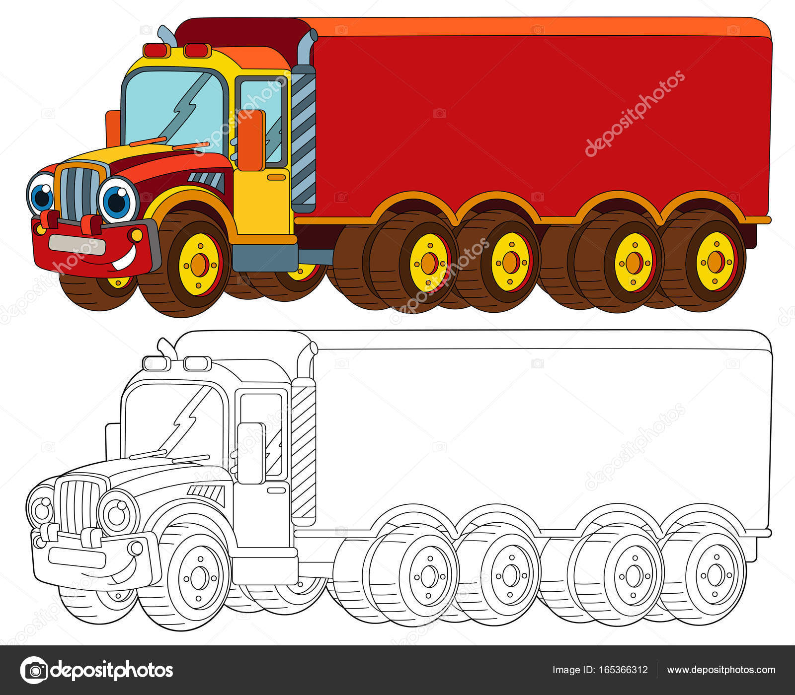 Cartoon happy cargo truck trailer looking smiling coloring page illustration stock photo by illustratorhft