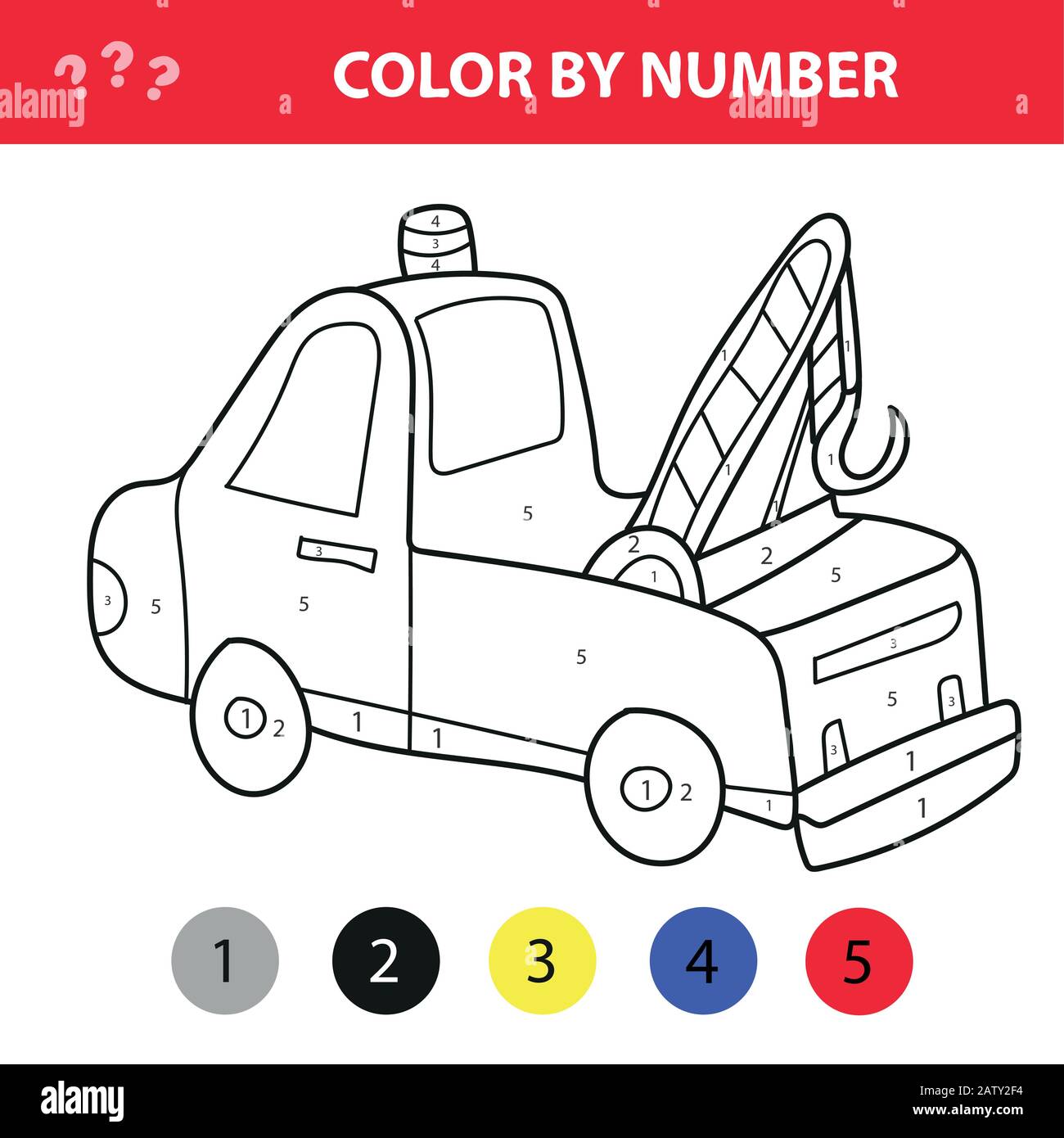 Vector illustration of coloring book for kids tow truck transportation child magazine coloring by numbers stock vector image art