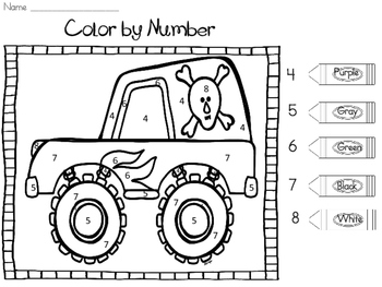 Monster truck color by number by elisa pena tpt