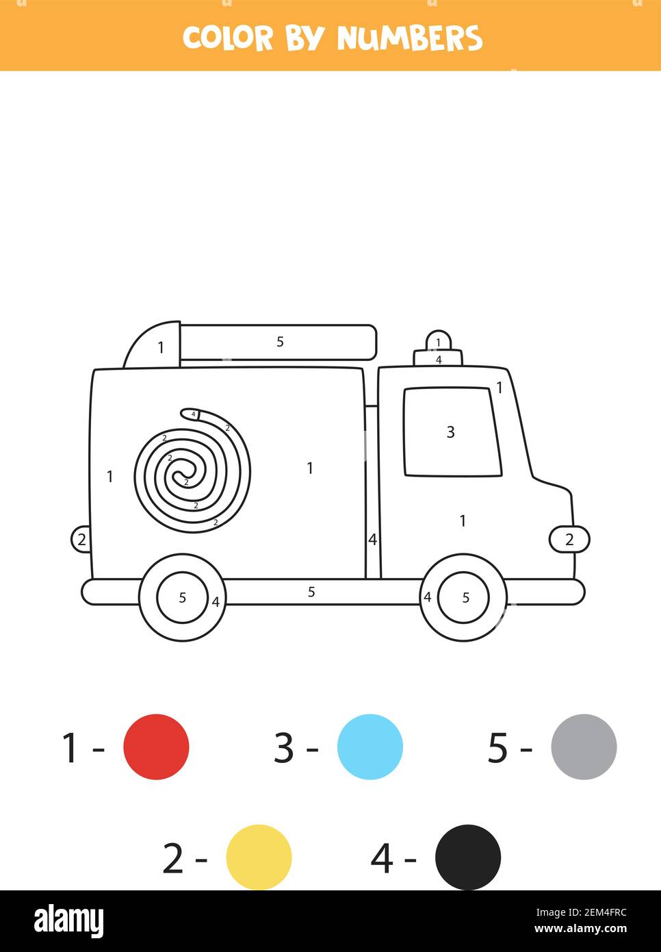 Coloring page with cartoon fire truck color by numbers math game for kids stock vector image art