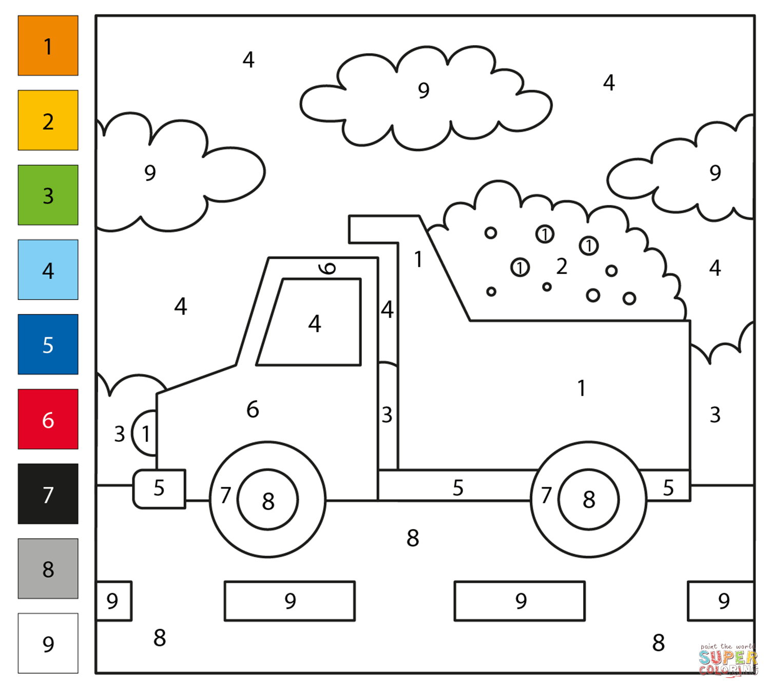 Truck color by number free printable coloring pages