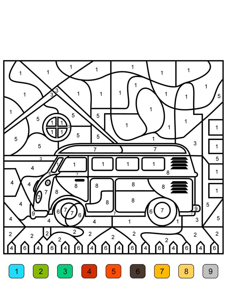 Color by numbers with a drawing of a small truck on the road coloring page