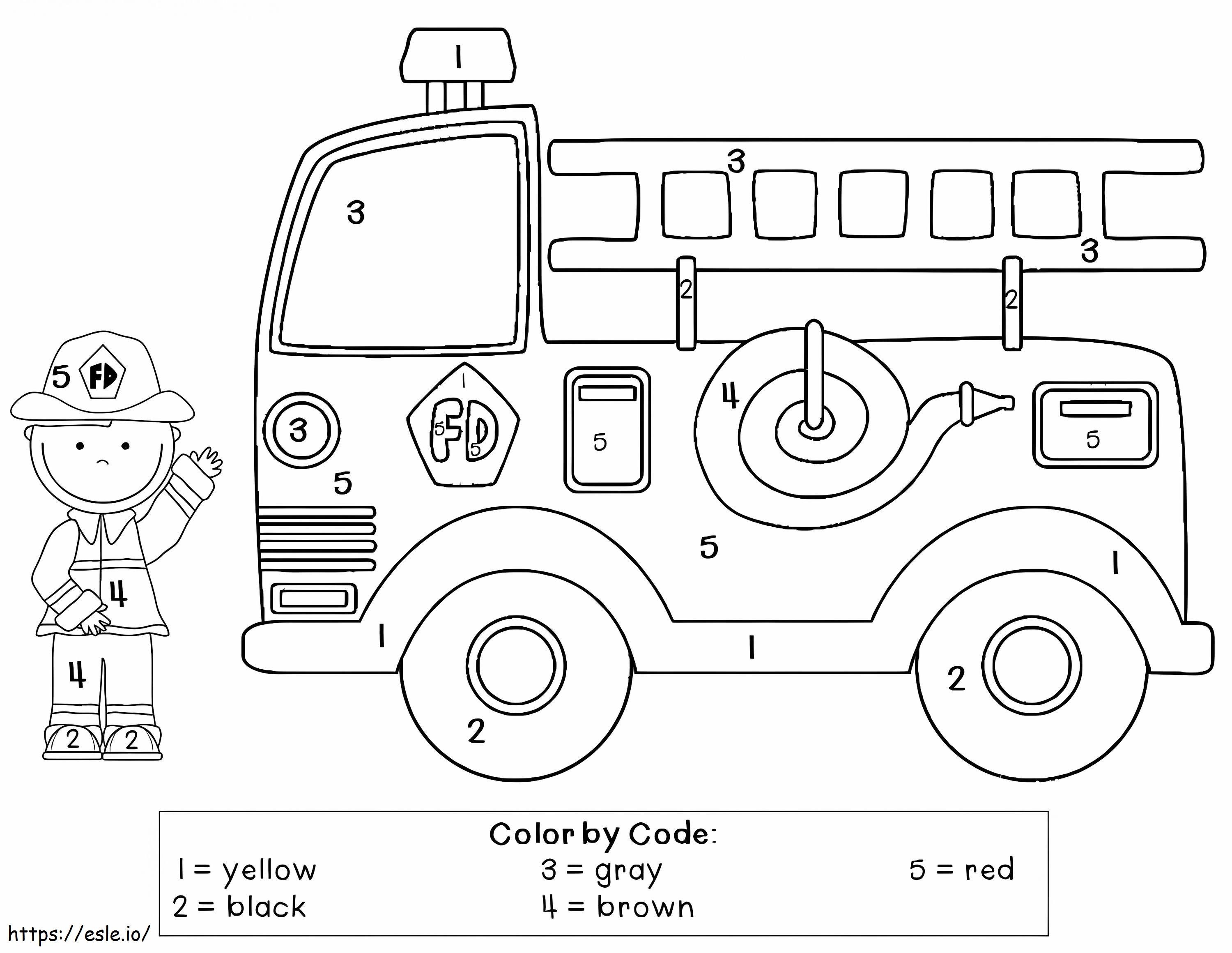 Firefighter and fire truck color by number coloring page