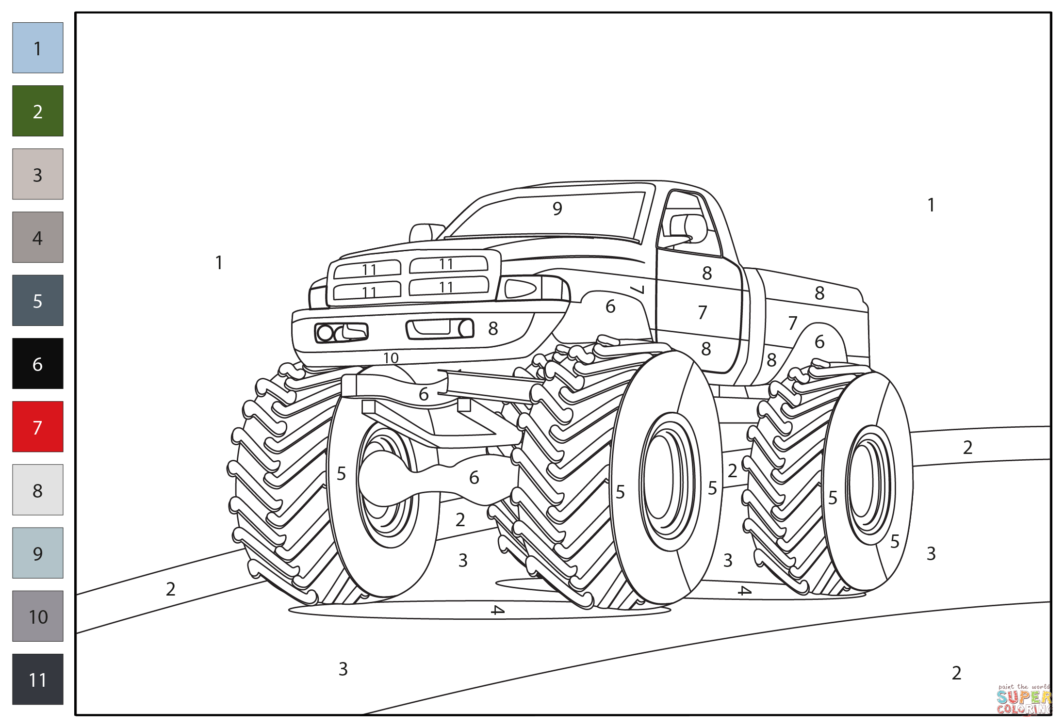 Monster truck color by number coloring page free printable coloring pages
