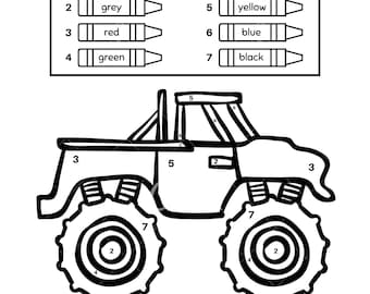 Color by number monster truck sheets instant download