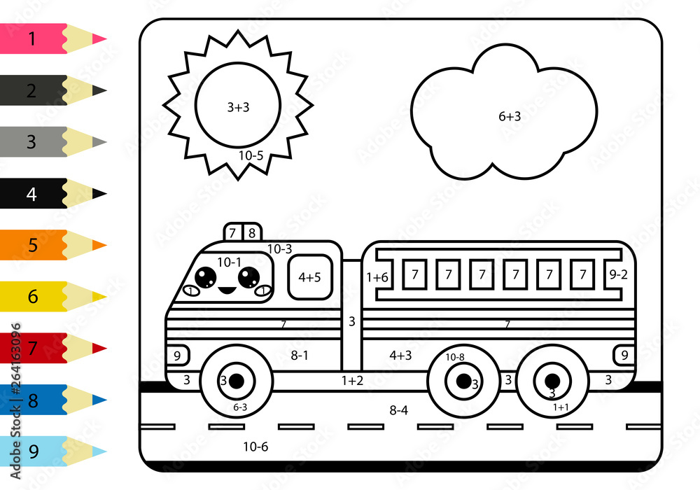 Coloring page by numbers kawaii cartoon fire truck activity worksheet addition and subtraction educational game for kids vector