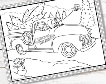 Christmas tree truck coloring page holiday pdf printable winter activity with farmhouse scene