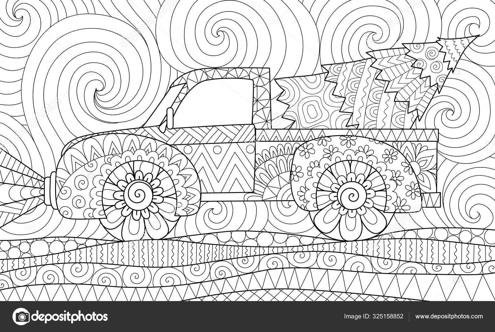 Line art design pickup truck christmas tree adult coloring book stock vector by somjaicindygmail