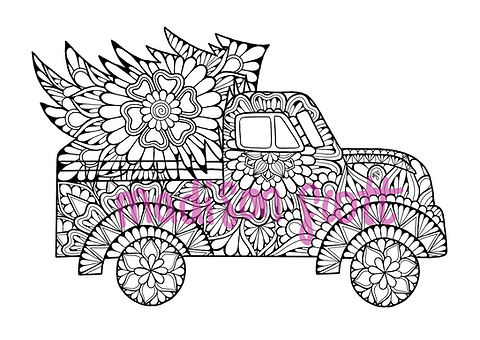 Christmas tree and truck coloring page
