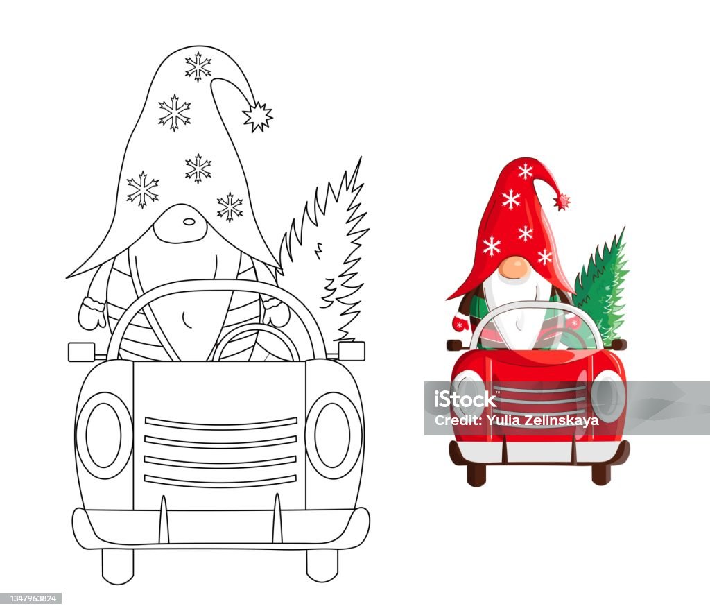 Christmas coloring page with gnome in truck stock illustration