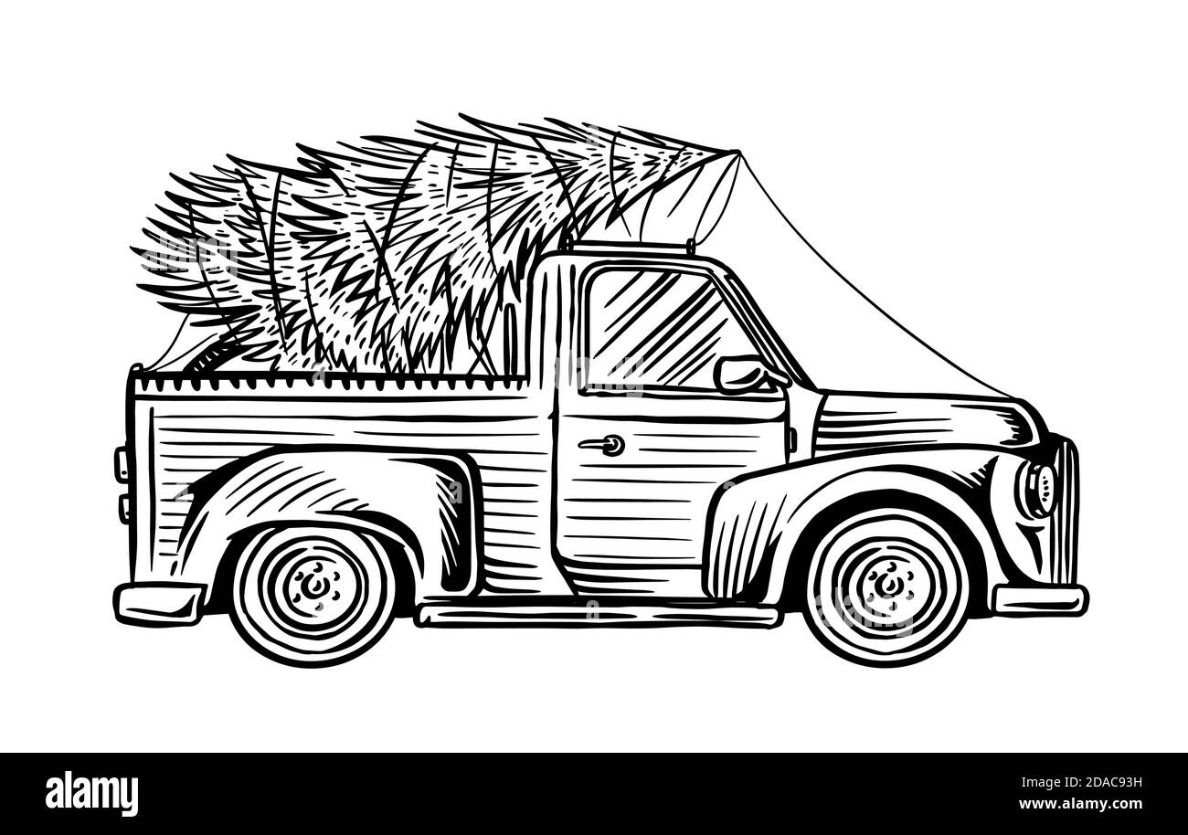 Car with a christmas tree spruce in the luggage of the truck delivery concept vector illustration for label badge logo postcard or banner hand stock vector image art