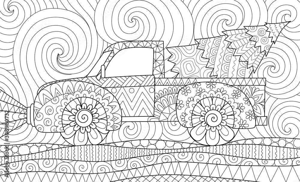 Line art design of pickup truck with christmas tree for adult coloring bookcoloring page and other design element vector illustration vector