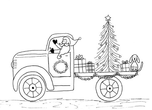 Hand drawn outline santa claus driving truck christmas tree toys and dog illustration