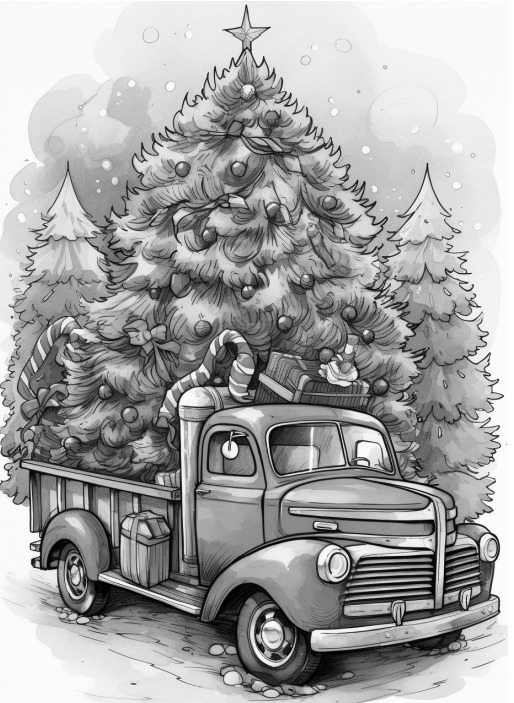 Truck with christmas tree coloring page