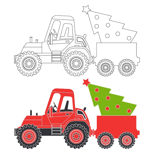 Premium vector red tractor with christmas tree cartoon silhouette and coloring book page illustration on a white background