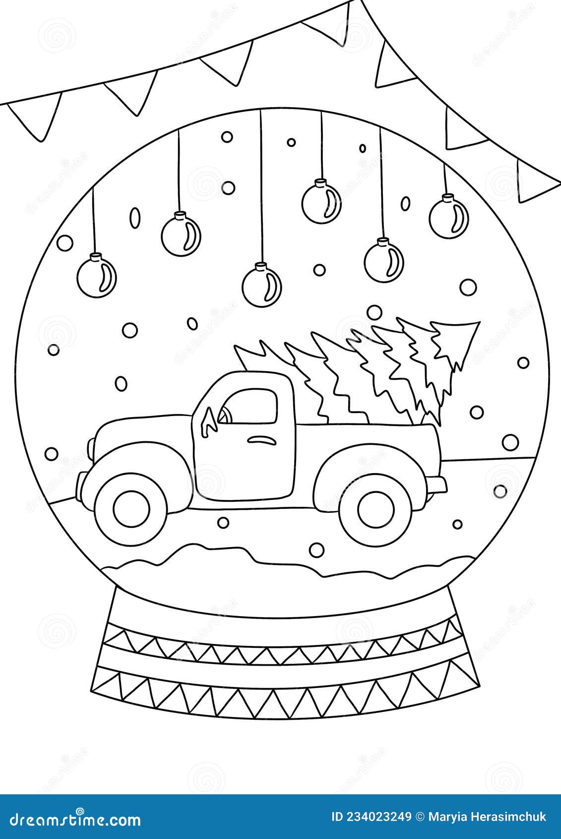 Christmas tree in the car colouring page stock illustration