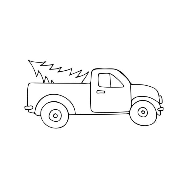 Doodle pickup truck with christmas tree illustration in vector hand drawn pickup truck with christmas tree icon in vector christmas tree on pickup truck doodle icon stock illustration