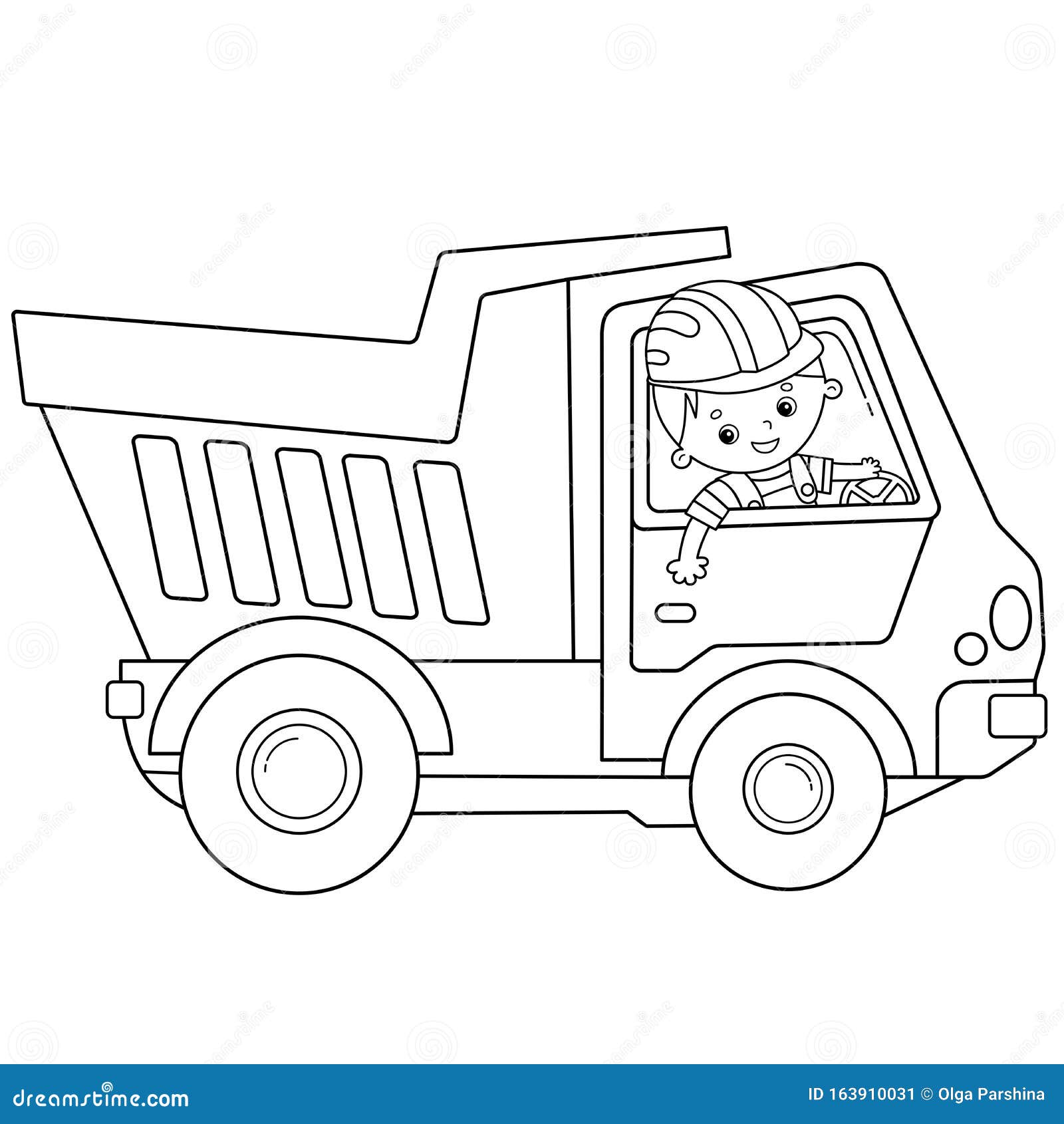Coloring page outline of cartoon lorry or dump truck construction vehicles stock vector