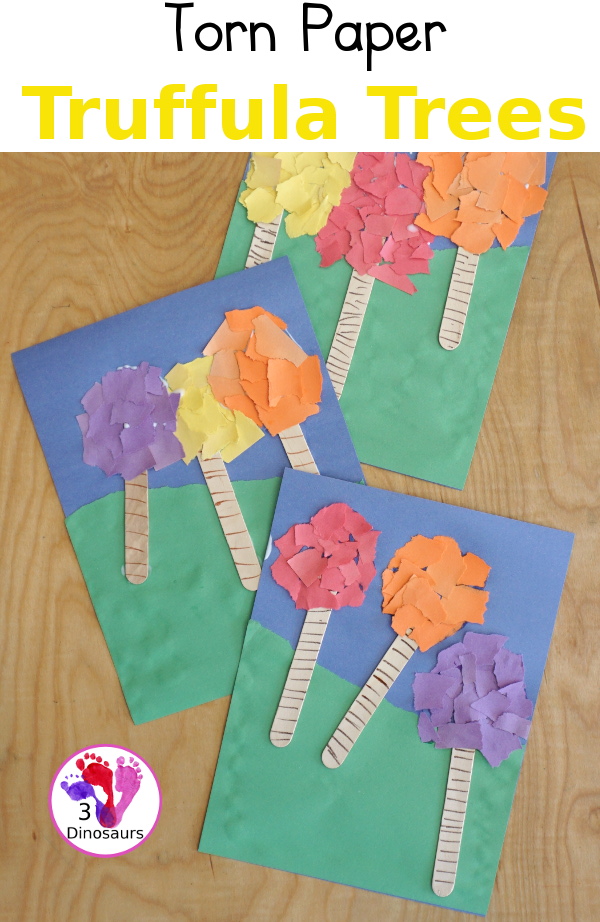 Torn paper truffula trees with the lorax dinosaurs