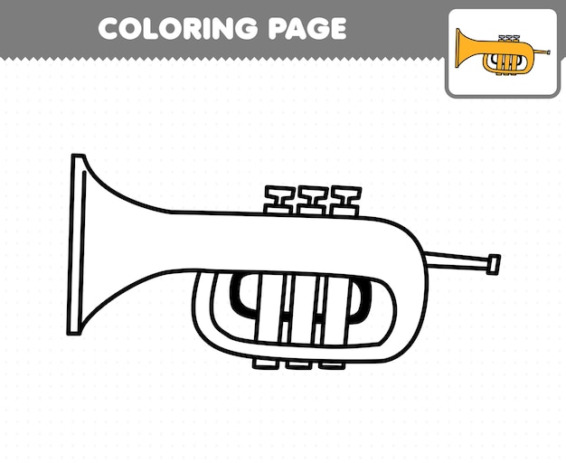 Premium vector education game for children coloring page cartoon music instrument trumpet printable worksheet