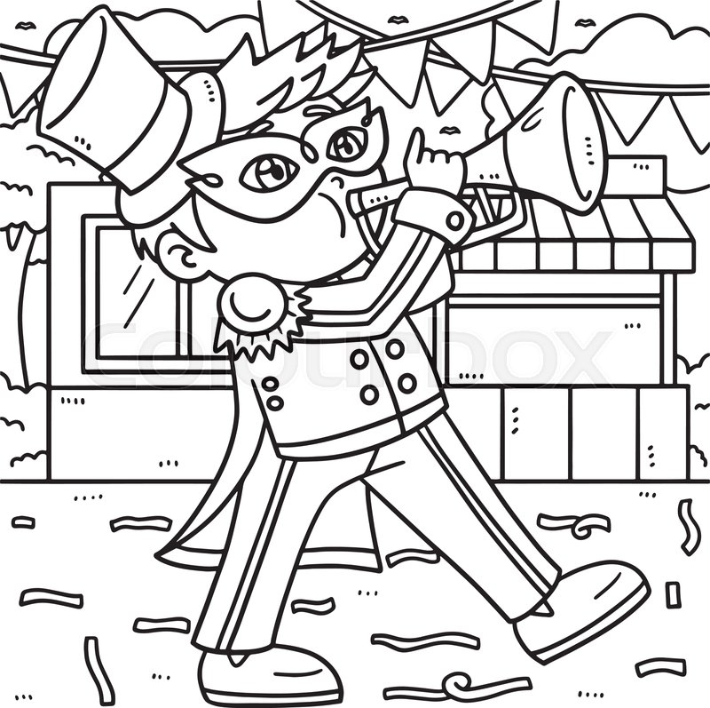 Mardi gras boy playing trumpet coloring page stock vector
