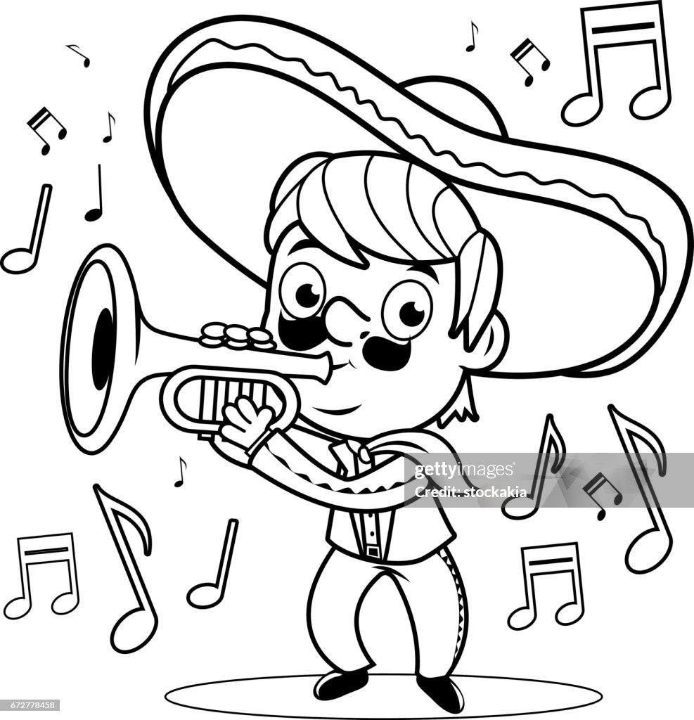 Mexican mariachi man playg the trumpet black and white colorg book page high