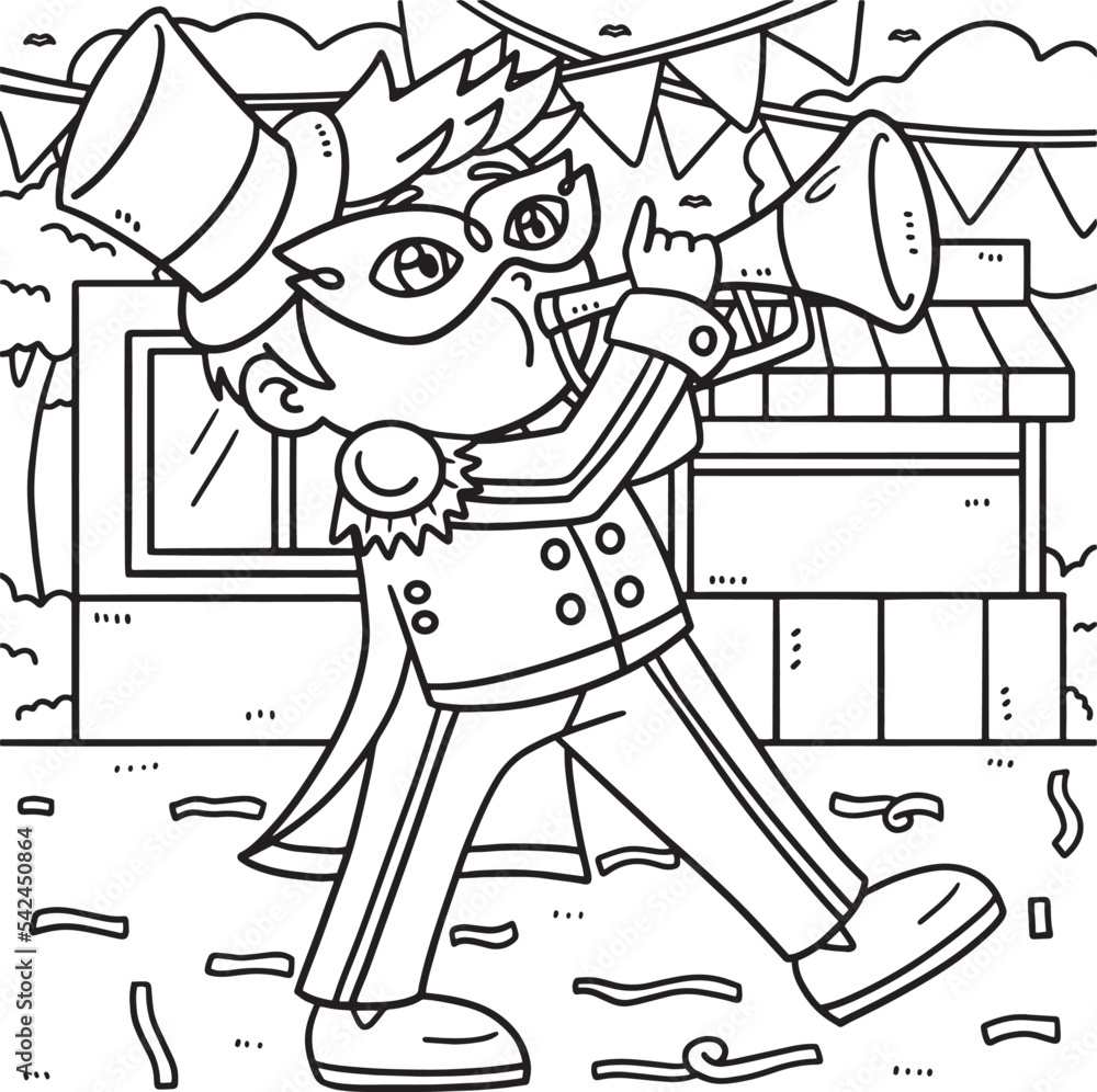 Mardi gras boy playing trumpet coloring page vector