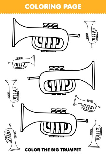 Premium vector education game for children coloring page big or small picture of music instrument trumpet printable worksheet