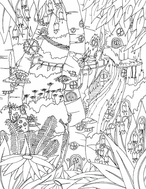 Forest fairy garden coloring page tree trunks fairy garden fairy garden coloring page fairy garden instant download gnome village page