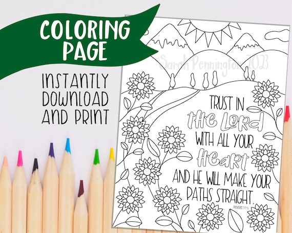 Trust in the lord printable coloring page instant download christian coloring sheet adult coloring page line art bible school study