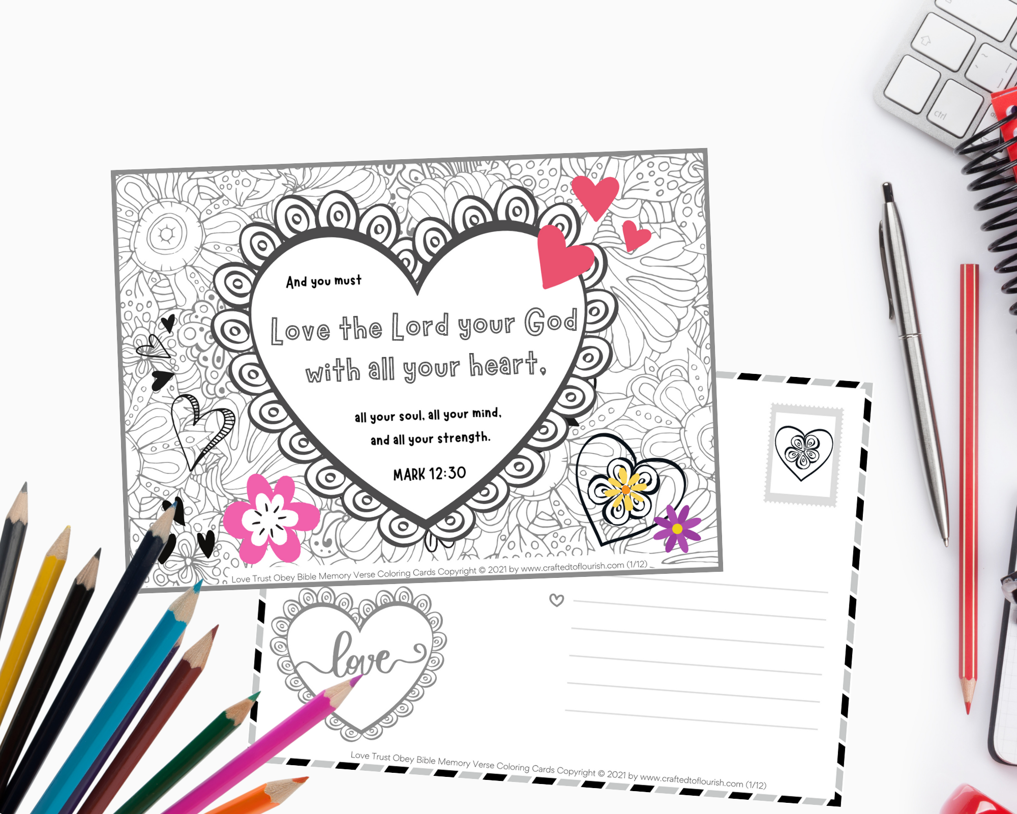 Love trust faith obey scripture coloring cards for kids in a pack