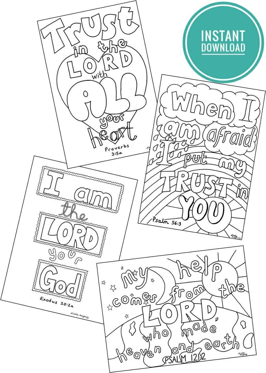 Set of christian colouring sheets trusting god help pack ideal sunday school resources instant download bible verses a size download now