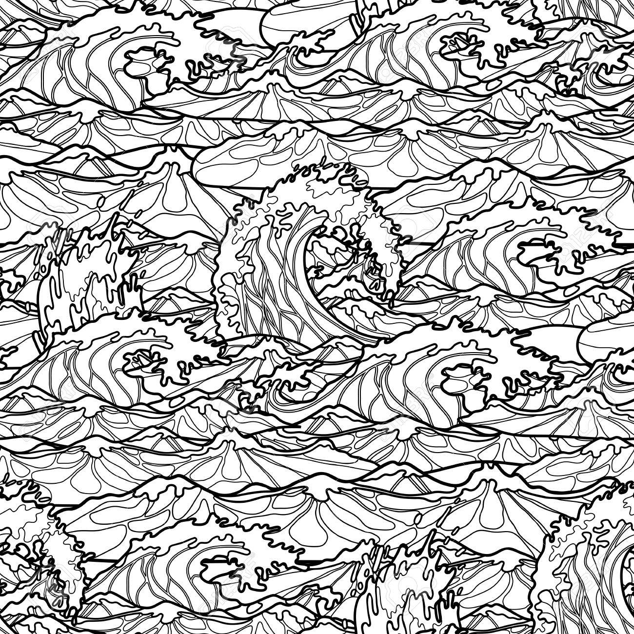 Ocean storm waves seamless pattern drawn in line art style tsunami coloring book page design royalty free svg cliparts vectors and stock illustration image
