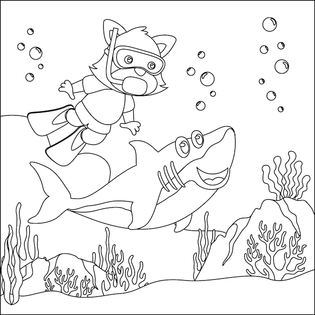 Ilustraãão de desenho vetorial de pequena raposa e tubarão mergulhando em livro de colorir submarino ou pãgina vetor premium