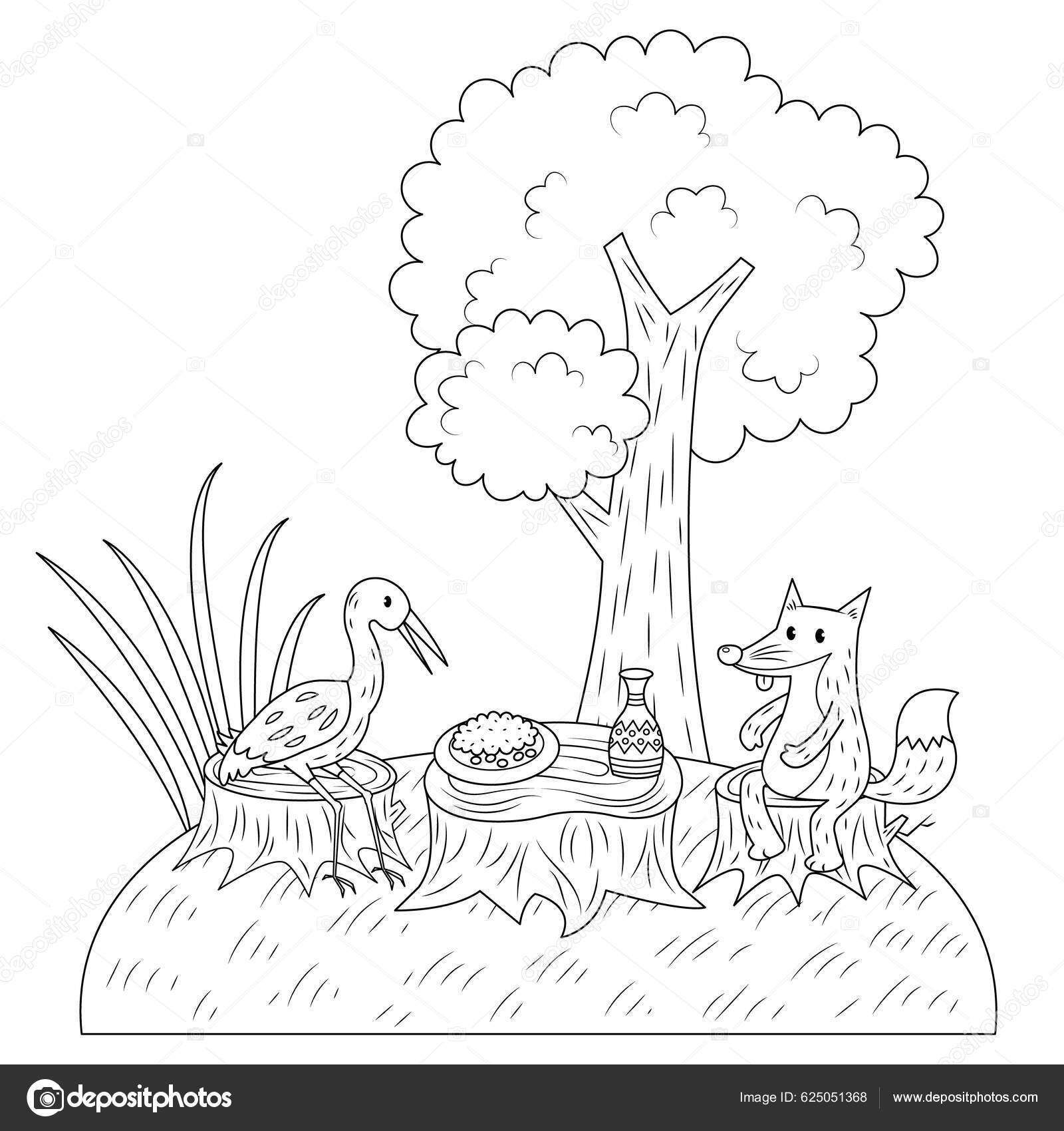 Raposa cegonha para livro histãrias ilustraãão fãbula esopo desenho animado imagem vetorial de nutkinsj
