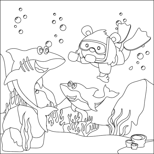 Ilustraãão de desenho vetorial de pequena raposa e tubarão mergulhando em livro de colorir submarino ou pãgina vetor premium