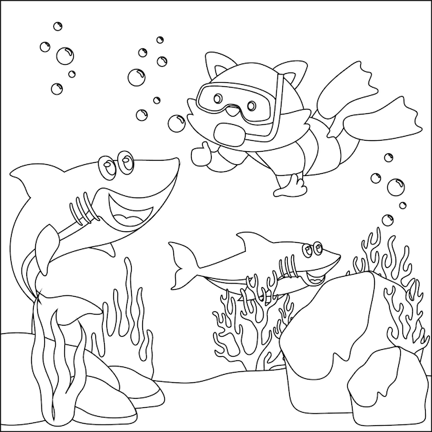 Ilustraãão de desenho vetorial de pequena raposa e tubarão mergulhando em livro de colorir submarino ou pãgina vetor premium