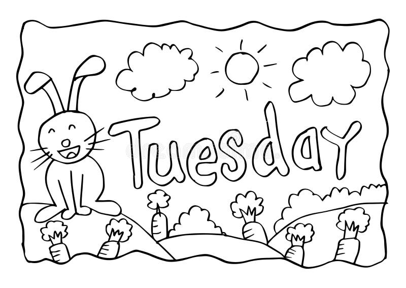 Tuesday coloring page with rabbit stock illustration