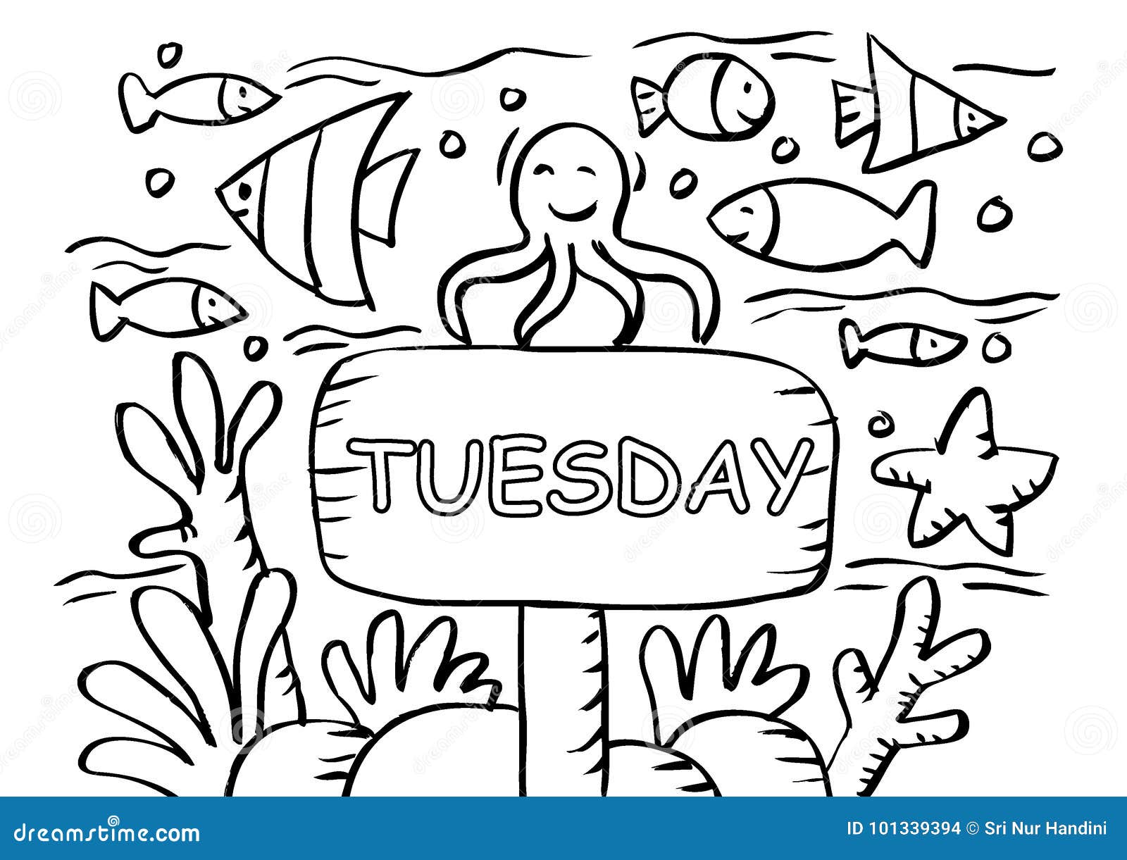 Tuesday coloring page with fishs stock vector
