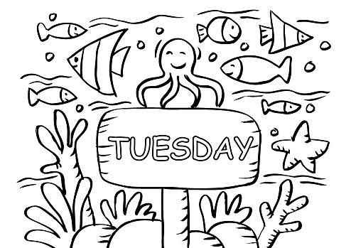 Tuesday coloring page with fishs stock illustration