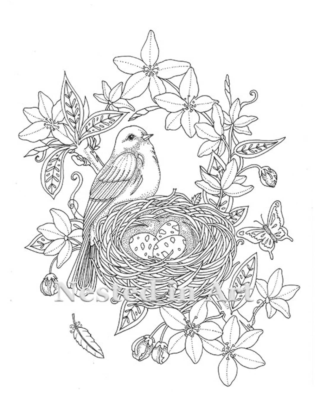 Punch needle pattern coloring book page bird and nest butterfly instant download