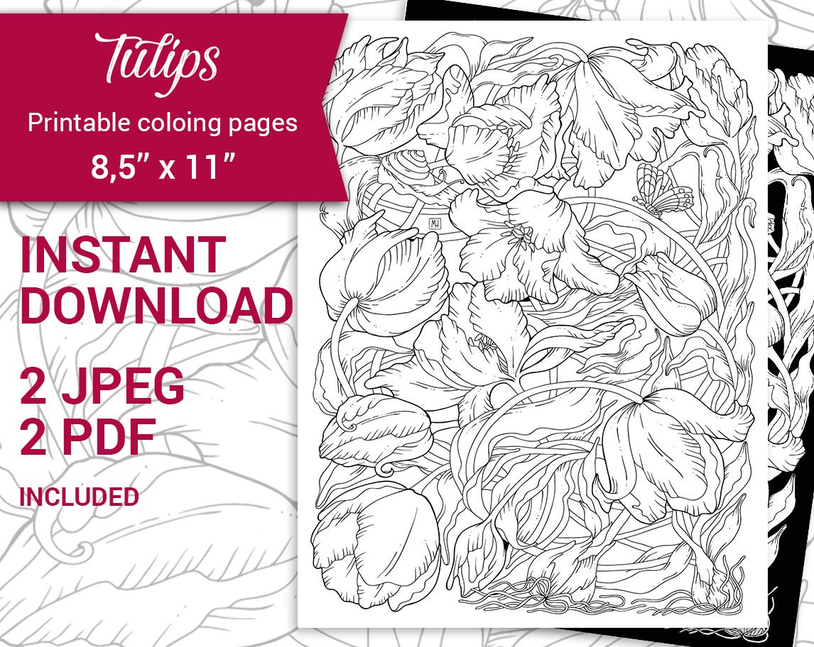 Pdf jpeg digital adult coloring page botanical printable coloring book tulips flower x